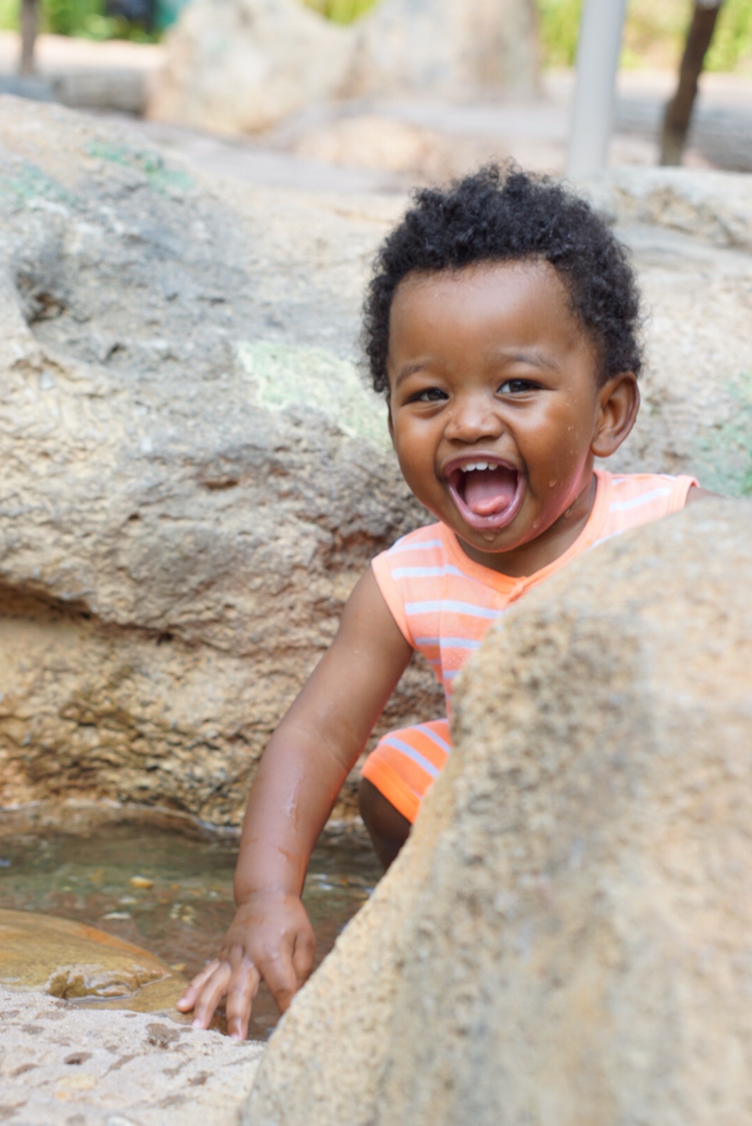Toddler Boy Avery excited playing in water stream at Fernbank Museum in Atlanta, GA. Shot by Atlanta Lifestyle Photographer Crystal King of Just The Kings. We also shoot engagement photos, wedding photos, pregnancy photos, birthing photos, and family portraits in Austell, Powder Springs, Vinings, Marietta, Cobb County, and surrounding Metro Atlanta. Visit us at www.justthekings.com